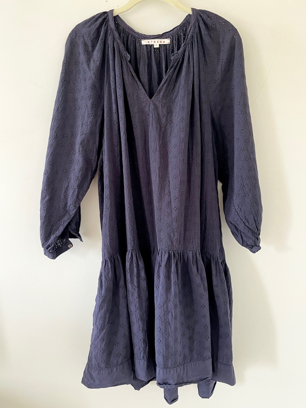 Xirena Washed Black Cotton Eyelet Drop Waist Mini Dress Size Small